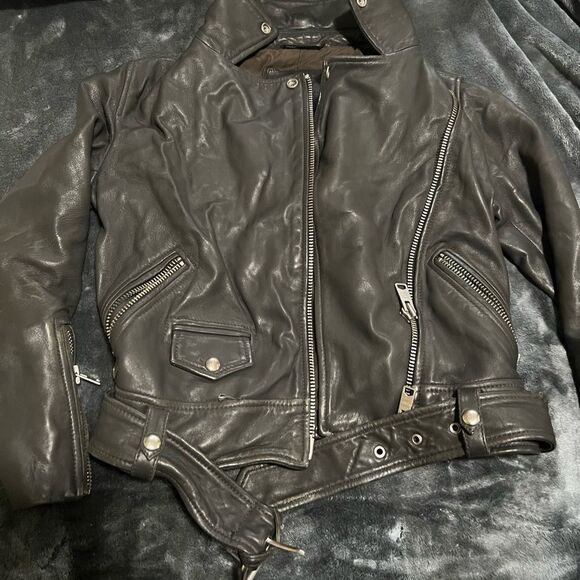 Allsaints Balfern Sheep Leather Biker Jacket Women's Size 0 Black Full Zip biker - Picture 1 of 6